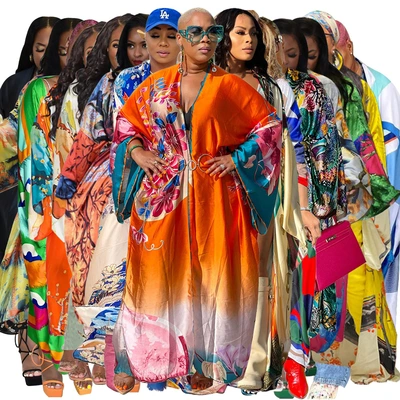 K10173 European And American Women's Cross-Border Supply Of Amazon Explosive Coat Imitation Silk Multi-Print Fashion Casual Trench Coat