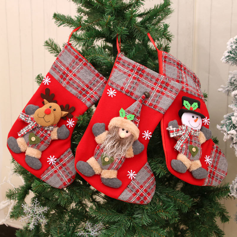 Cross-Border New Three-Dimensional Large Christmas Socks Gift Bag Santa Bells Plaid Socks Christmas Decorations details Picture