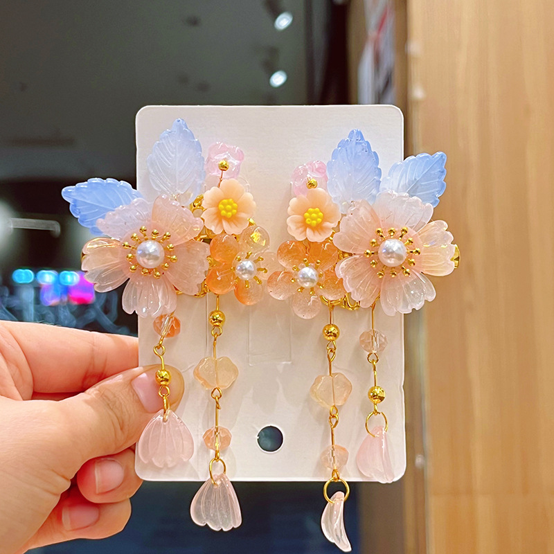 Children's Antique Hair Accessories Super Fairy Retro Flower Fringe Hairpin Temperament Little Girl Hanfu Headwear Chinese Style Accessories details Picture