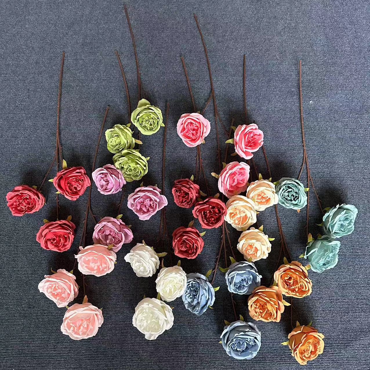 Three-headed large Austin artificial flowers, white Austin rose artificial flowers, wedding hall decoration flowers