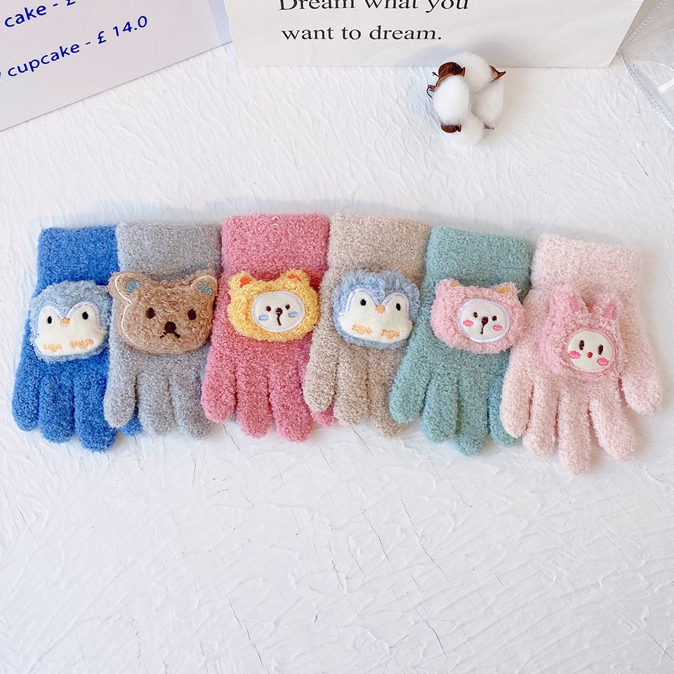 Korean cartoon children's gloves for winter warmth and cold protection, all-finger for children in kindergartens, boys and girls, writing with five fingers
