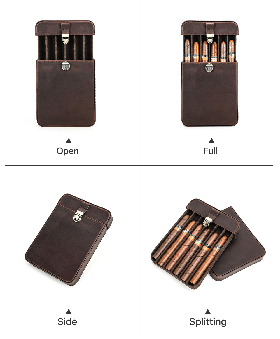 复古疯马牛皮雪茄盒手工制作6支装锁扣抽屉式雪茄保湿盒一件代发详情9