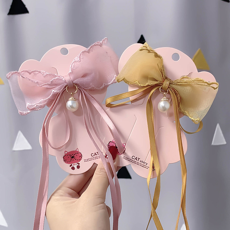 Children's Super Fairy Pearl Bow Headwear Baby Ponytail Streamer Braided Hair Clip Summer Tie Hair Headwear Wholesale Specification drawing