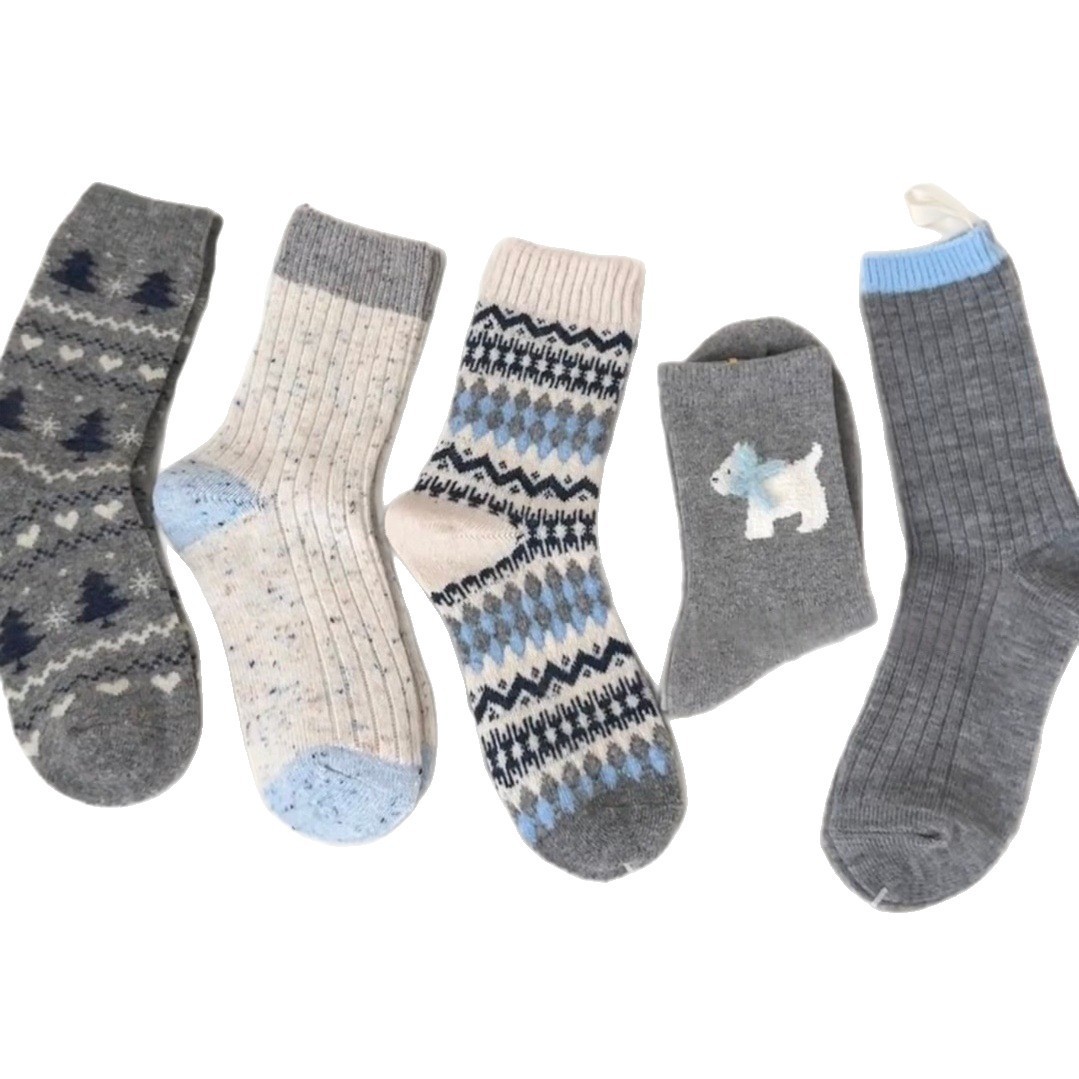 One-piece consignment of gray and blue wool socks, women's mid-calf socks, thickened and warm for autumn and winter, ins Korean version and Xiaohongshu same style cotton socks Item Picture