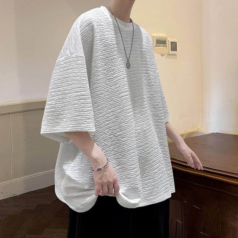 Hong Kong-style three-dimensional horizontal stripe, Chanel style, off-the-shoulder loose, men's 5-inch large size, versatile half-sleeved, ins Korean style short sleeved Application Scenario