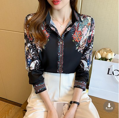Retro positioning printed top 2021 autumn collection new satin long-sleeved shirt Specification image