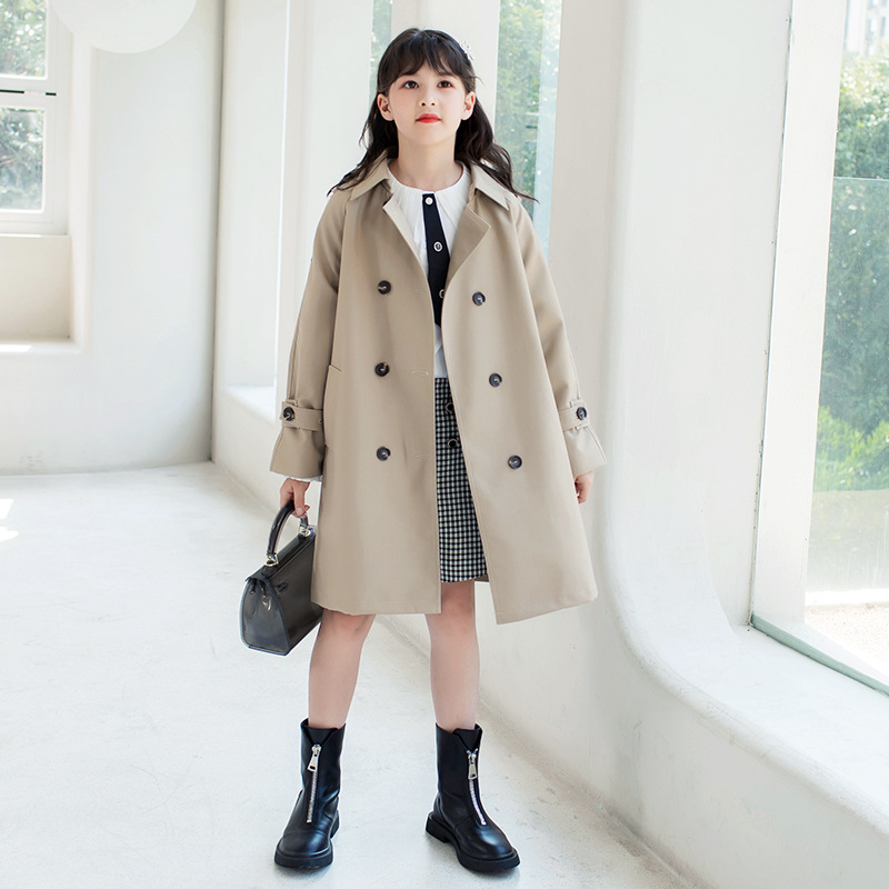 High-end girls' windbreaker 2022 new autumn collection, stylish spring and autumn coat for children, long British-style coat for children
