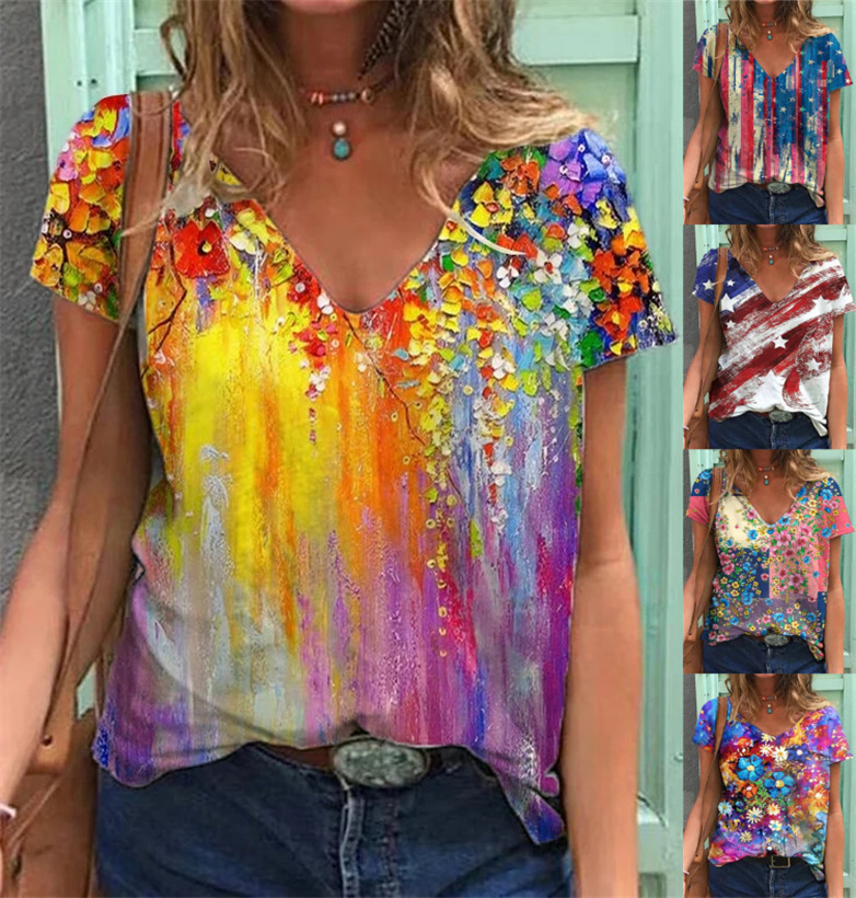 En stock 2021 crossover mujer algodón manga corta cuello V estampado 3D street hipster manga corta multicolor holgada mujer camiseta Specification image