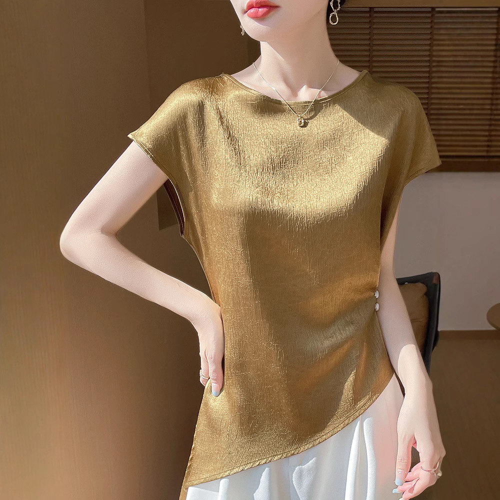 Summer women's wear: French acetate satin irregular top, short-sleeved, high-end one-shoulder silk top, T-shirt for women Specification image