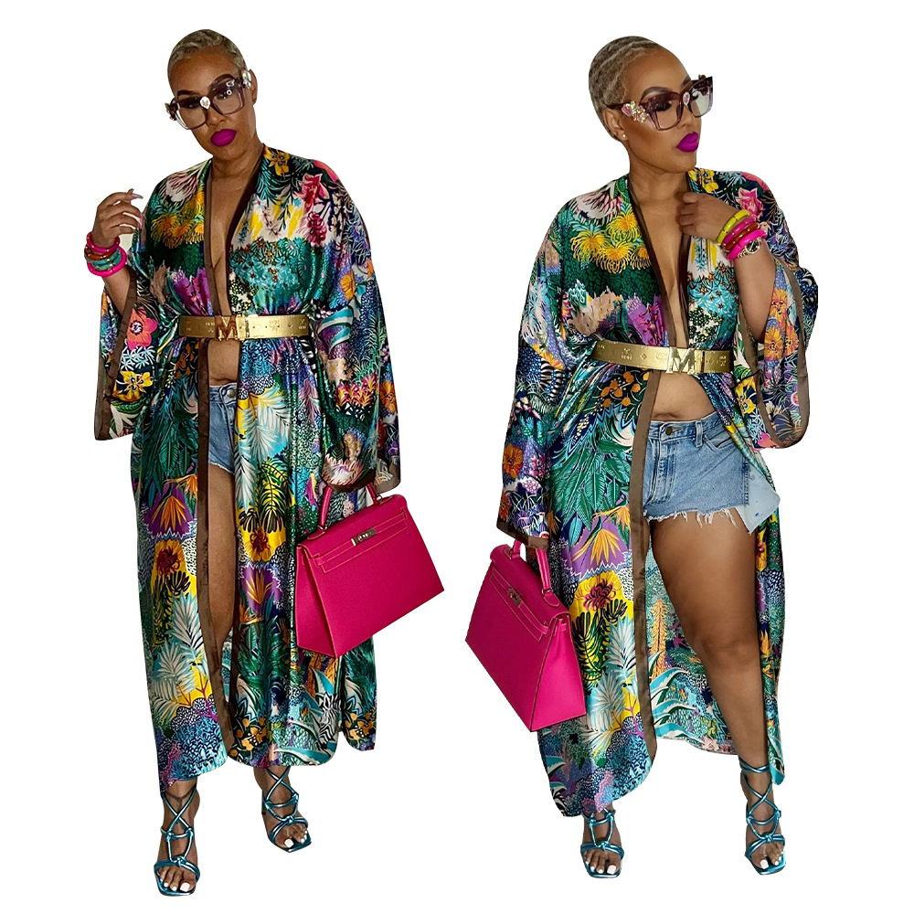 K10173 European And American Women's Cross-Border Supply Of Amazon Explosive Coat Imitation Silk Multi-Print Fashion Casual Trench Coat Specification drawing