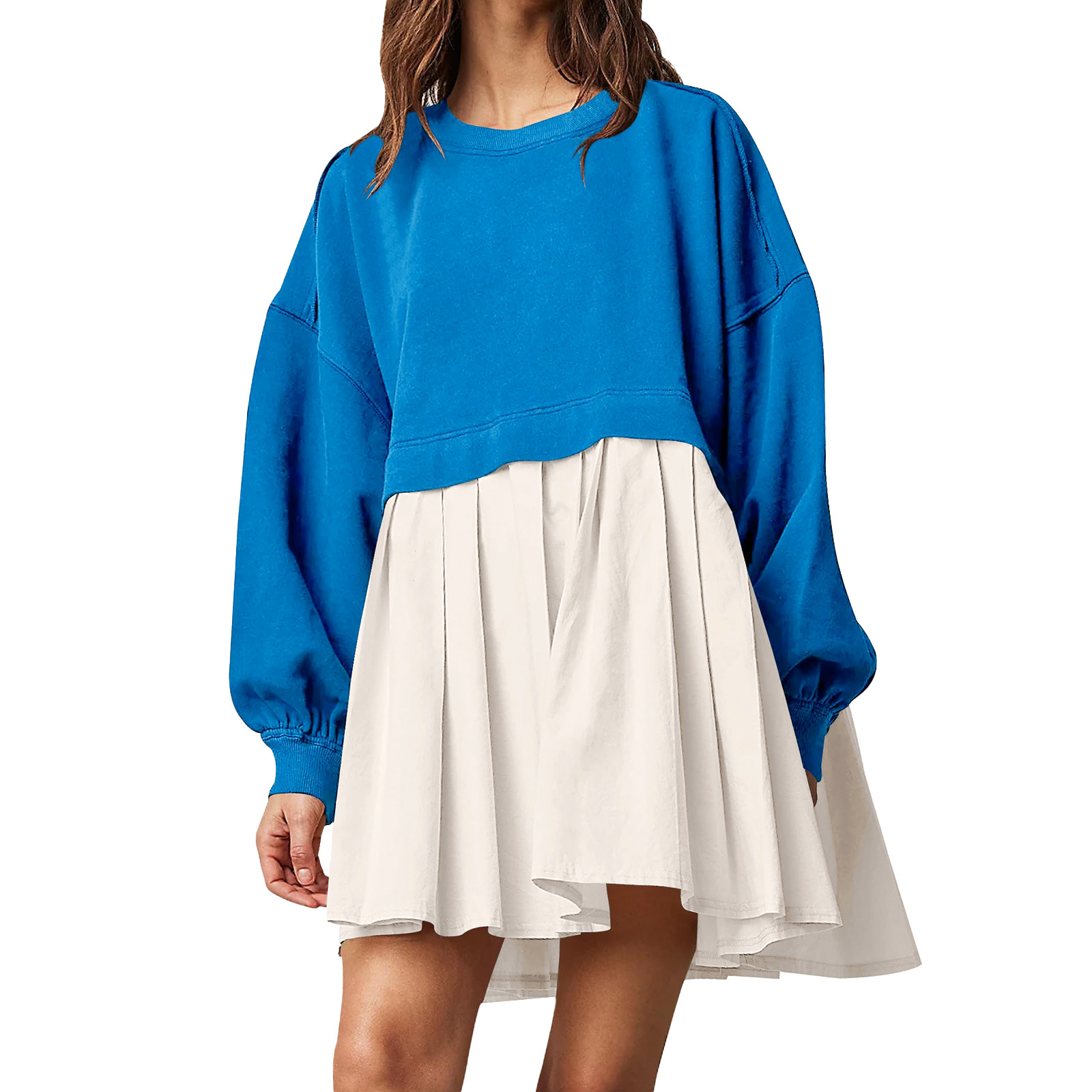 The 2024 cross-border European and American autumn and winter new women's clothing solid-color long-sleeved patchwork loose pleated sweatshirt dress Application Scenario