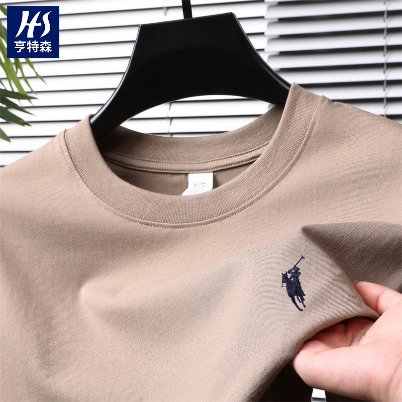 跨境纯棉绣花短袖男士t恤2025夏季新款休闲透气圆领半袖薄款体恤