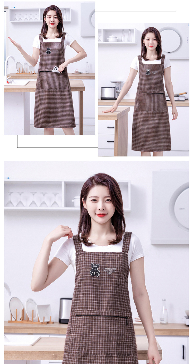 Extended and plump apron, waterproof and oil-proof cotton cartoon bear, stain-resistant checkered kitchen, home and dining room apron work clothes pic 18