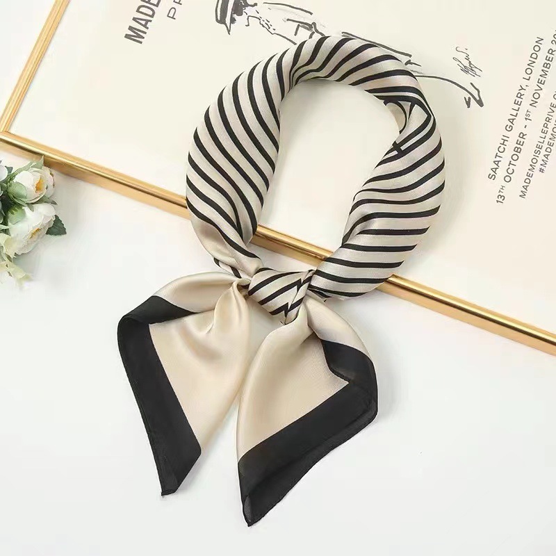 Wholesale of striped black and white printed silk scarves for women, simple Korean-style fashionable faux silk square scarves with ins decoration Application Scenario