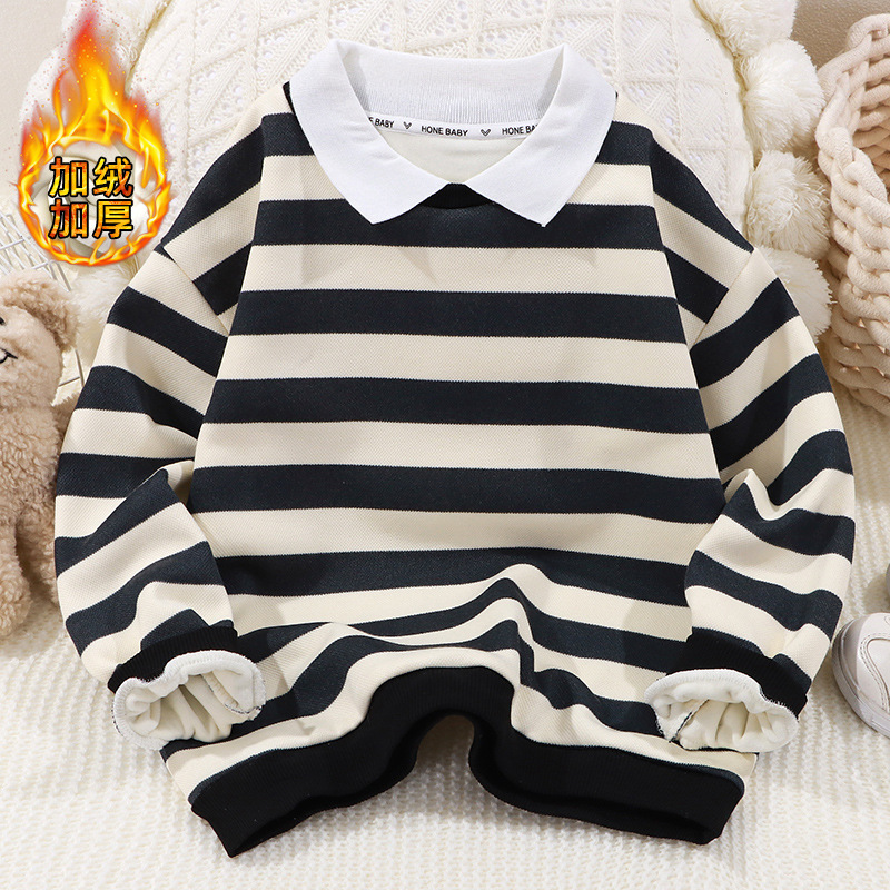 New children's fleece sweatshirts for autumn and winter, boys' lapel polo shirts, striped sweatshirts, fashionable and warm children's tops Application Scenario