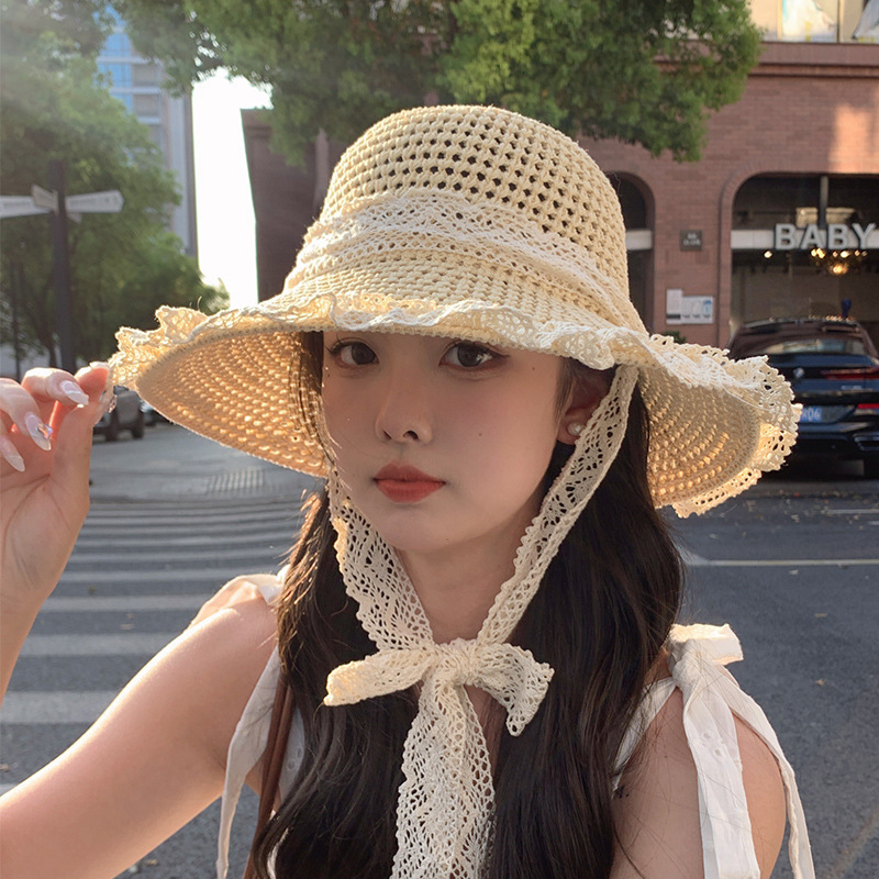 大帽檐系带草帽女韩版夏季镂空透气草编帽海边沙滩度假遮阳渔夫帽