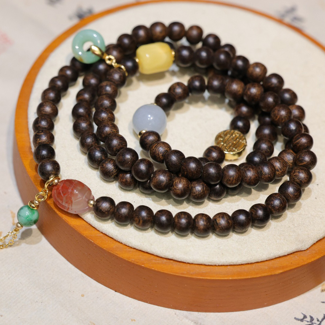 Qiu's Natural Indonesian series Brunei agarwood multi-circle 108 Prayer beads, ethnic style light luxury best friend summer jewelry details Picture