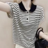 This year, ice silk short-sleeved summer striped T-shirts are in vogue. Women's little rabbit embroidered color-blocking button polo collar knitted sweaters are thin Application Scenario