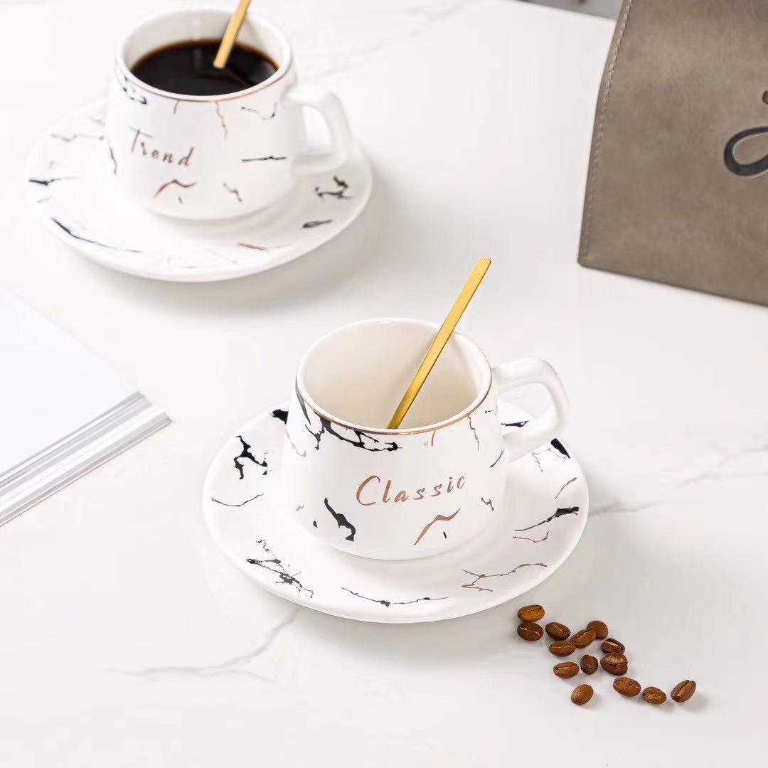 Exquisite marble-patterned coffee cups, ceramic cup and saucer sets, European-style couple black and white coffee cups, cross-border one-piece consignment Specification image