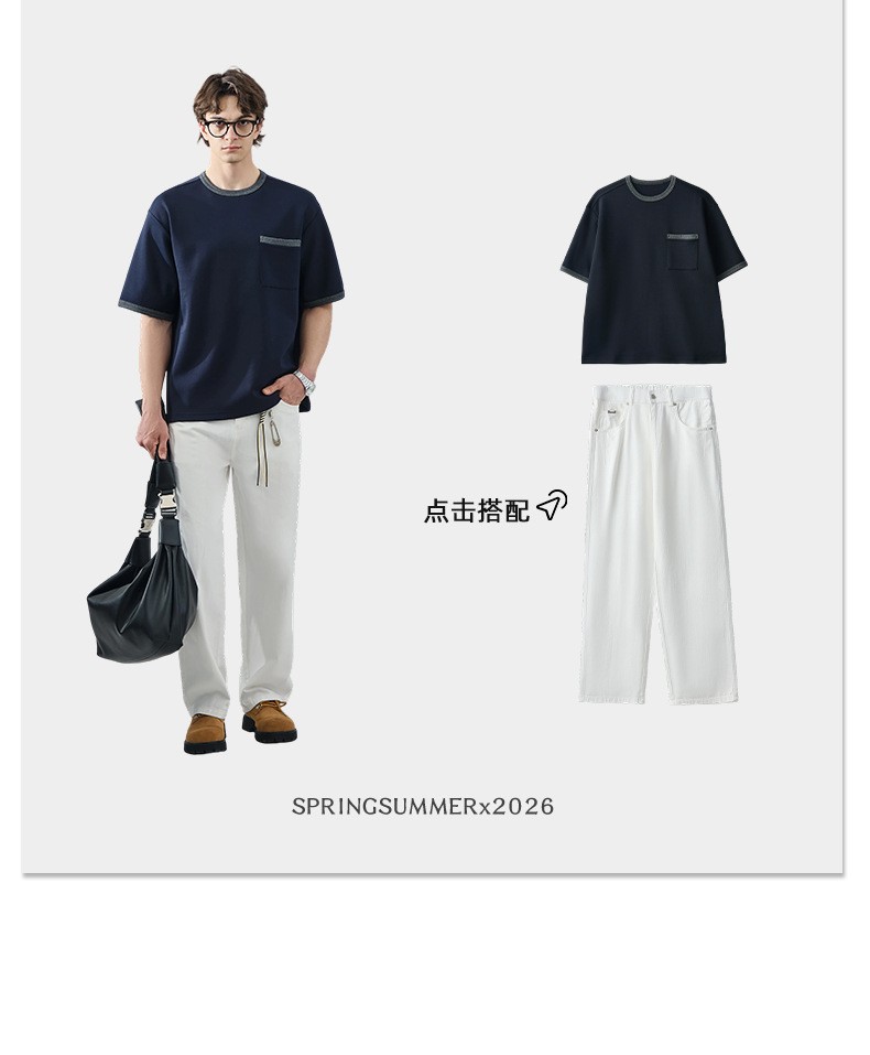 APO男装 |跨境撞色拼接潮流短袖男款T恤夏季宽松圆领百搭休闲上衣详情12