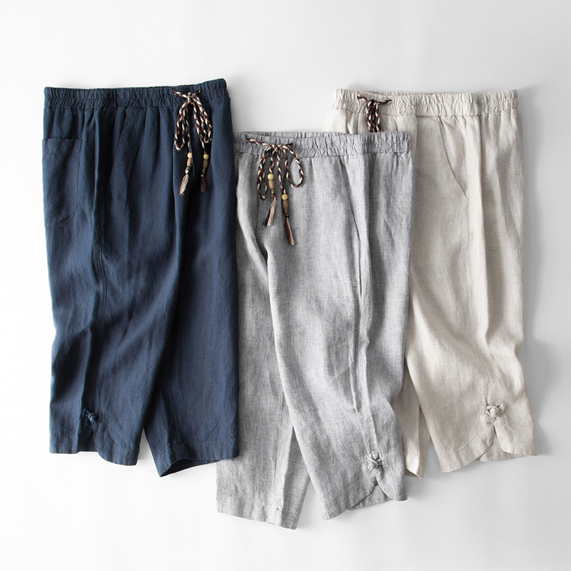 Linen men's casual caprix pants, loose summer beach mid-length pants, cotton and linen men's thin style, factory one-piece consignment, 608 details Picture