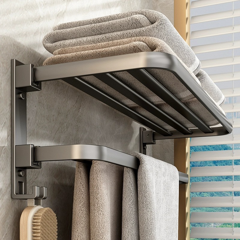 Gun ash towel rack without drilling, bathroom storage rack, toilet storage, space aluminum bathroom, bath towel rack