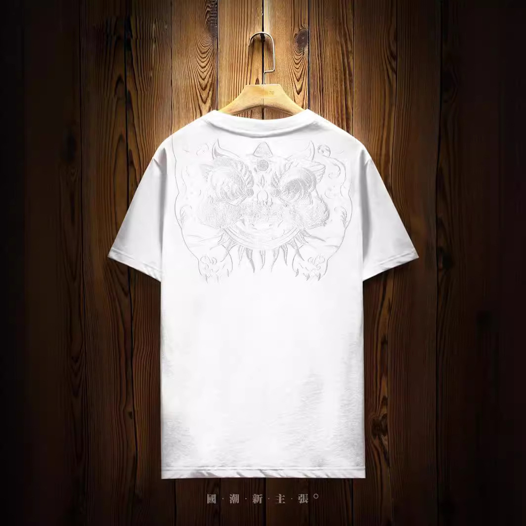 Summer trendy brand, Chinese style, heavy industry, Qilin embroidery, short-sleeved T-shirt, men's niche trend, Chinese style, half-sleeved T-shirt Specification image
