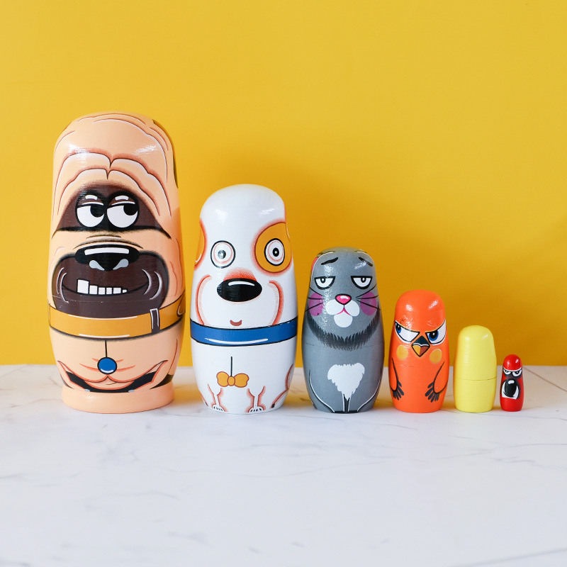 俄罗斯套娃六层哈巴狗套娃荷木磨削彩绘摆件彩绘木头工艺品现货