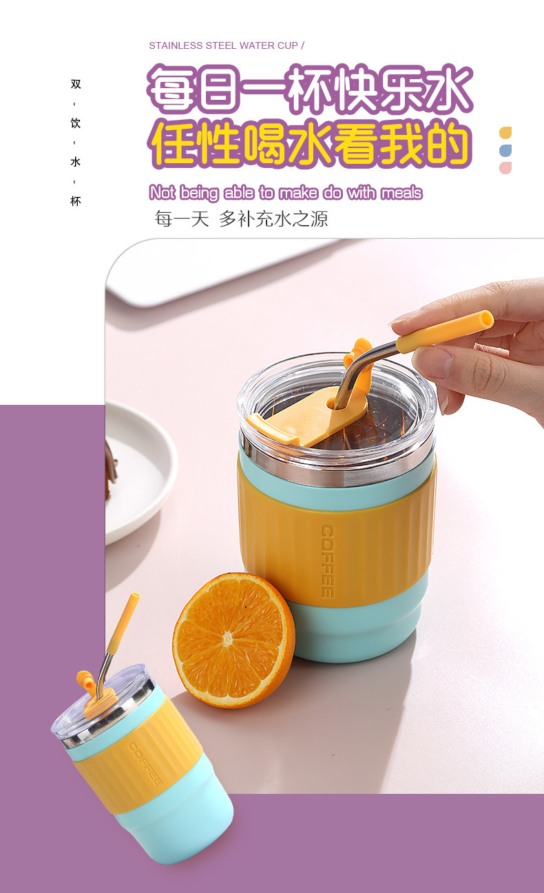 New simple silicone anti-scald stainless steel insulated cup with built-in straw drinking cup, ins style insulated lock cold water cup pic 2