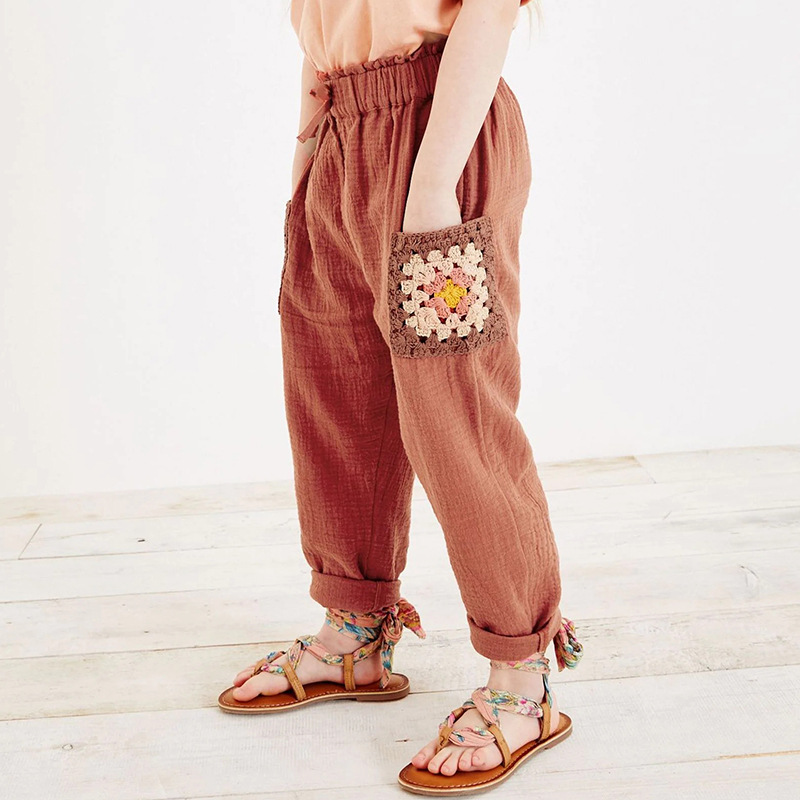 Processing and customization of forest-themed ethnic style linen long pants for children, batch OEM, high-quality children's clothing, including labor and materials