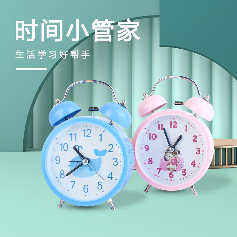 新款卡通教学钟数字金属卡通可爱创意学生卧室双玲教学时钟计时钟