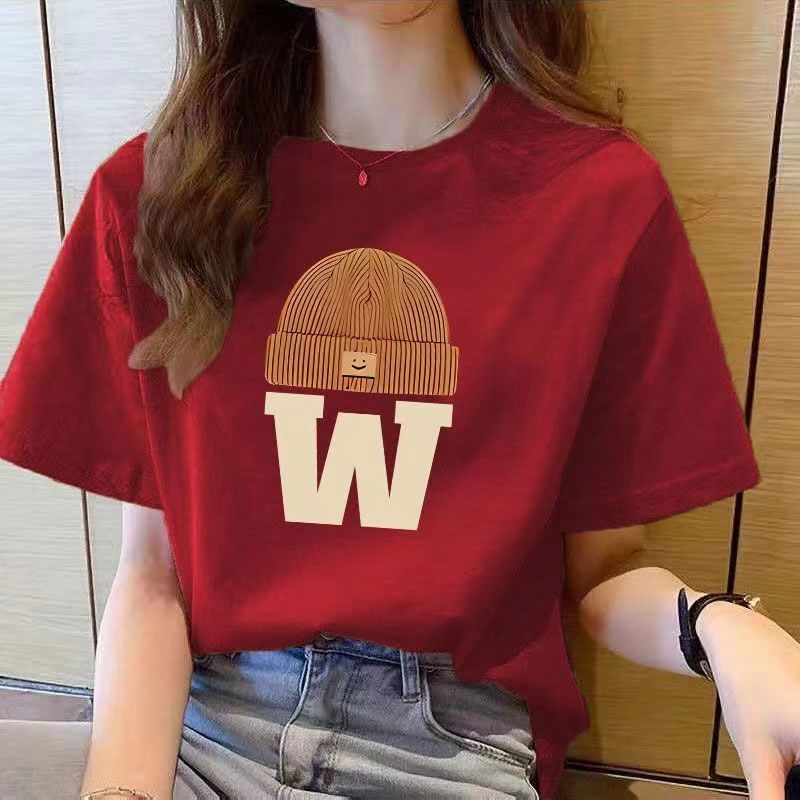 100% pure cotton short-sleeved T-shirt for women, 2024 Summer new style loose and versatile round-neck shoulder printed top Tc Specification image