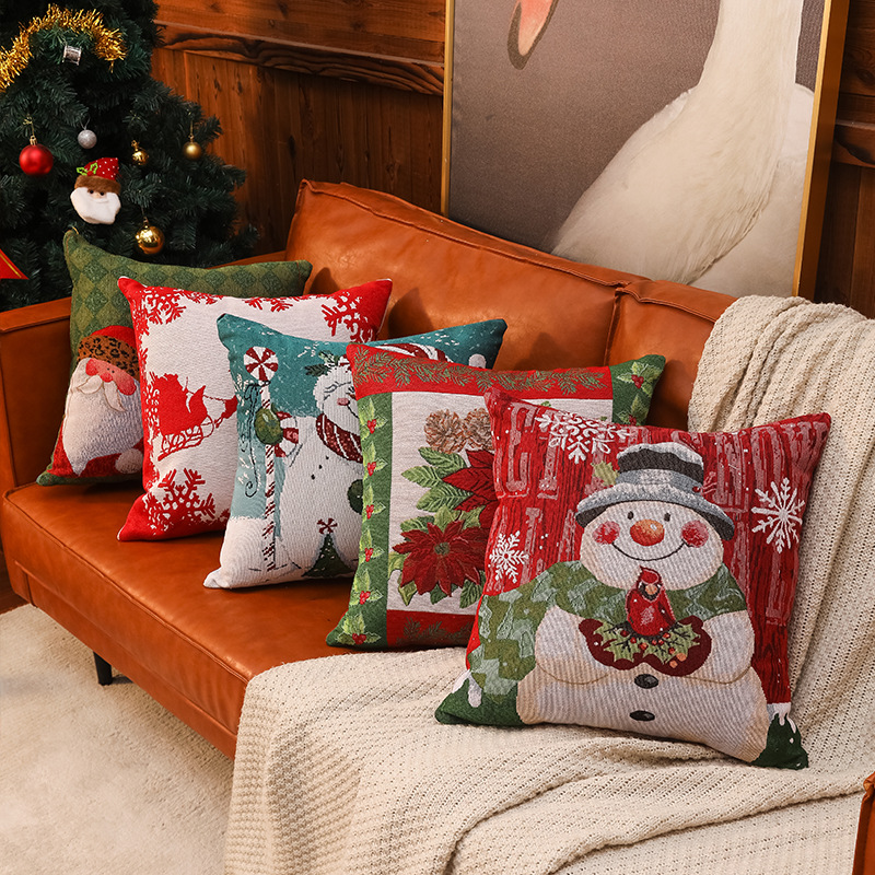 亚马逊跨境装饰圣诞节色织提花绣沙发靠垫套卡通雪人麋鹿抱枕套批