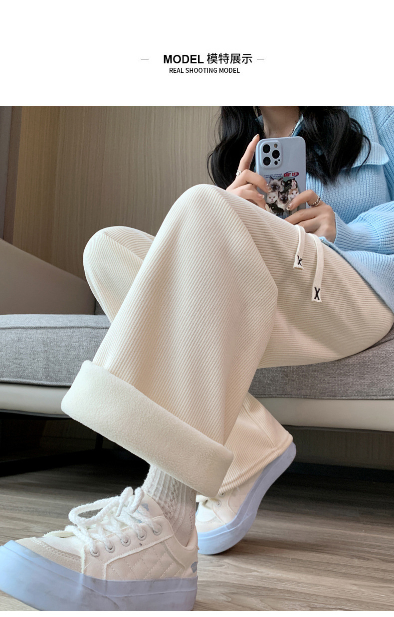 H506加绒阔腿裤女秋冬高腰垂感宽松显瘦灯芯绒直筒拖地白色休闲裤详情17