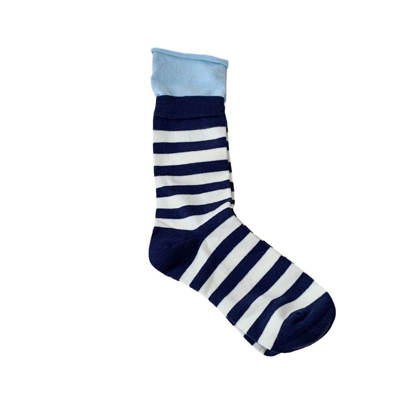 One-piece consignment of socks from the street stall 2026 dopamine color-blocking striped double-layer socks with rolled-up cuffs and piles of spring and autumn Japanese-style mid-calf women's sports socks Item Picture