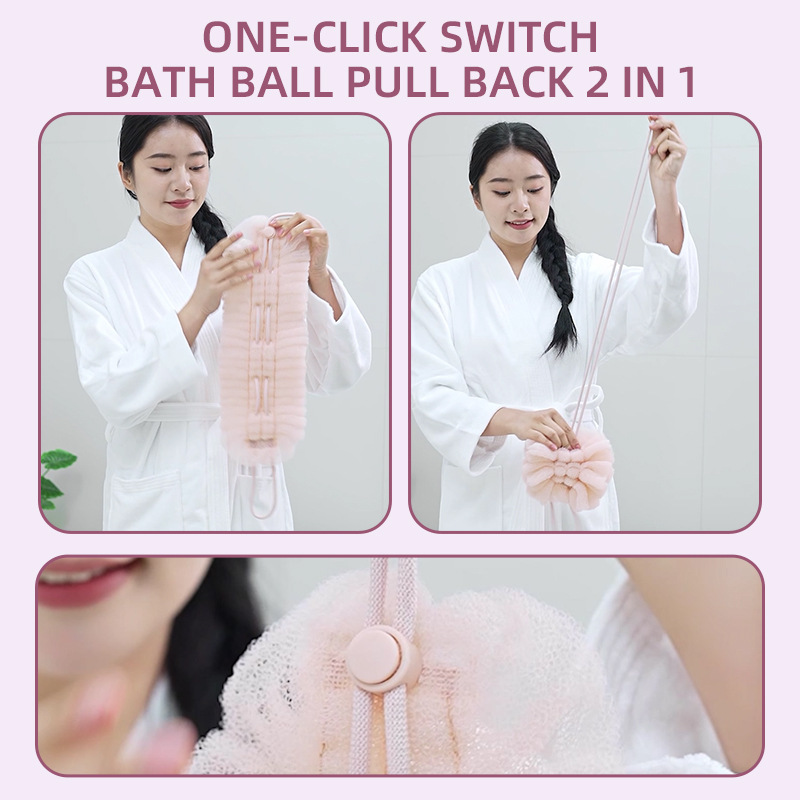 Stretch bath ball; back scrubber;  washcloth; wash tool. Specification image