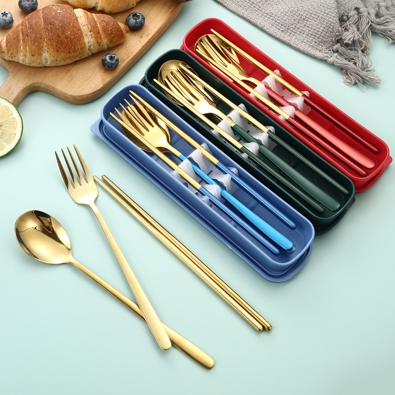 304 Stainless Steel Portable Tableware 3-Piece Set Korean Spoon Fork Chopsticks Student Camping Tableware Set Gift Specification drawing