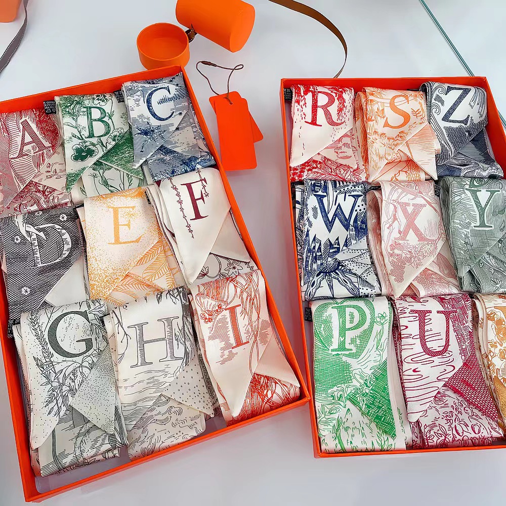 Bow Thin All-Match Silk Scarf Women 26 Letters Net Red Tie Hair Headband Scarf Decorative Scarf Tie Bag Streamer Application Scenario