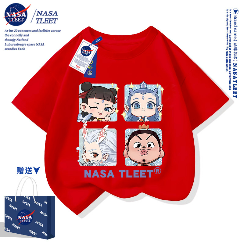 NASA collaboration pure cotton short-sleeved children's cool cartoon T-shirt, national trend top, men's and women's clothing, half-sleeved parent-child clothing for summer