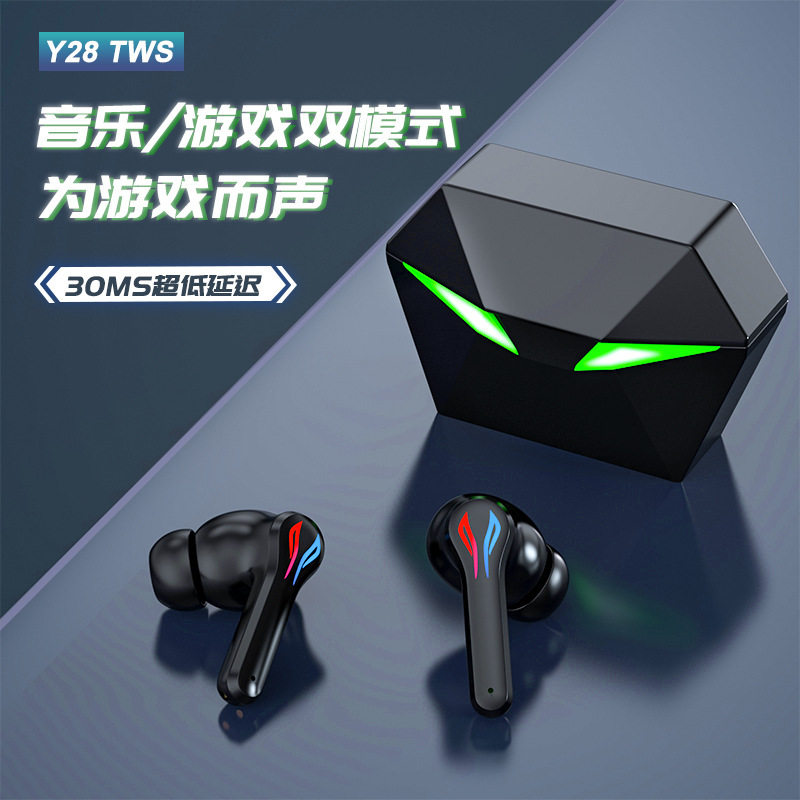 2023新款Y28立体防水防汗LED双耳通话入耳式低延迟游戏蓝牙耳机