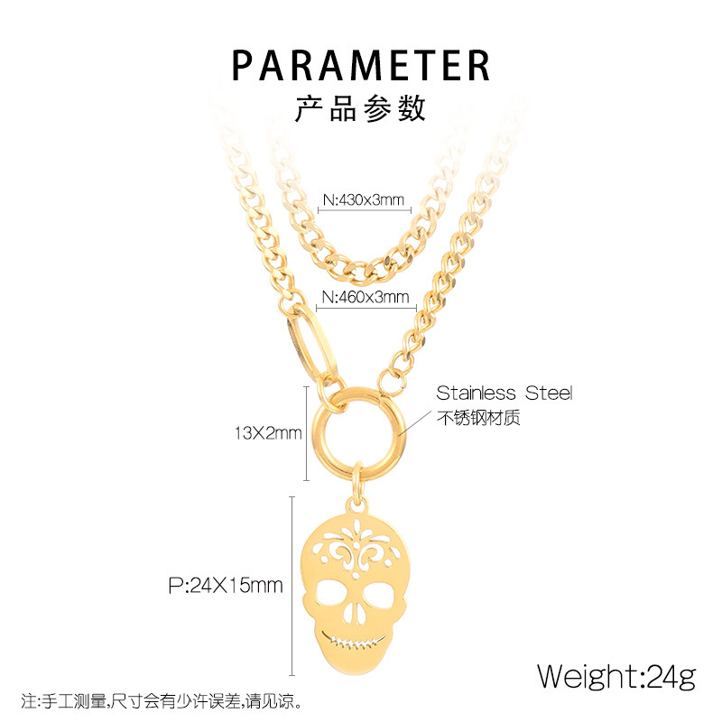 Halloween Accessories Stainless Steel Necklace Men's Stack With Double Ground Cuban Chain Titanium Steel Skull Necklace Specification drawing