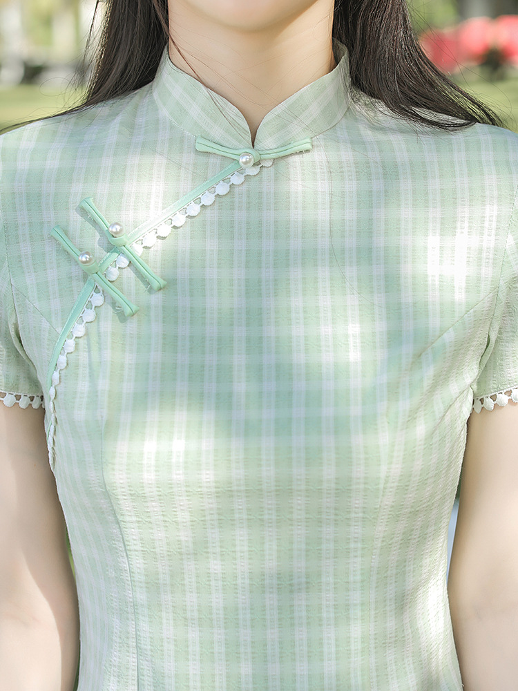 夏季新款短袖花边旗袍两件套装 浅绿色可爱改良少女学院风旗袍详情图3