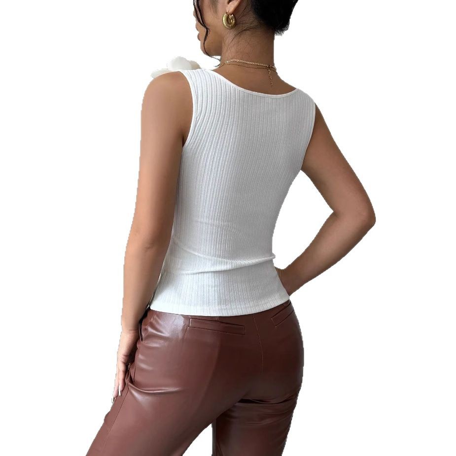 2025 European and American cross-border vest Women's Summer new style, elegant and casual, three-dimensional flower-decorated knitted sleeveless top Item Picture