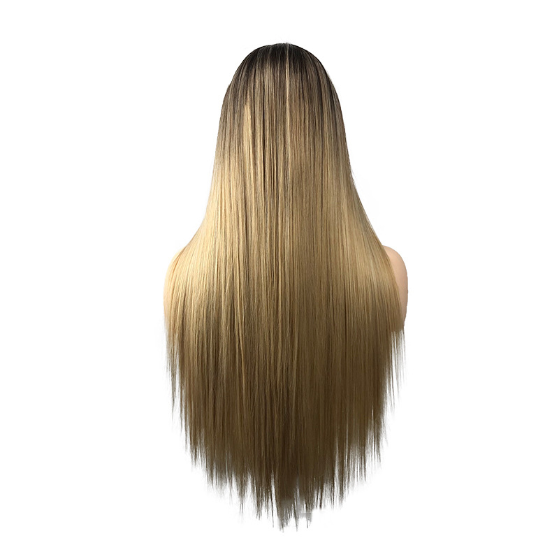 Aliexpress Foreign Trade European and American new blonde blonde matte silk gradient gold long straight hair rose net wig cover Item Picture