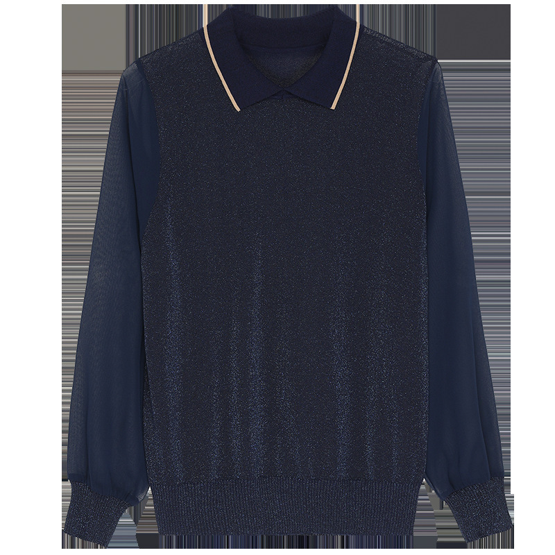 The 2022 Spring and autumn new women's sweater pullover with a fashionable square collar and a slimming bright silk patchwork mesh knitted sweater for ladies Item Picture