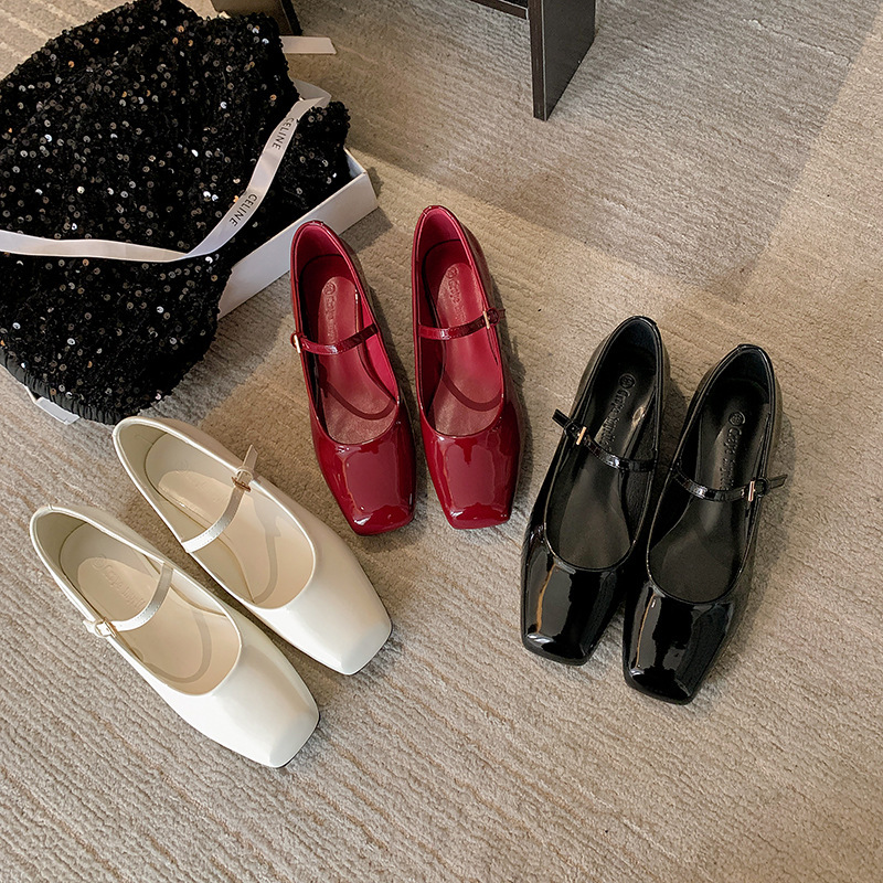 羊皮版法式复古方头一字扣玛丽珍女鞋漆皮平底仙女风芭蕾浅口单鞋