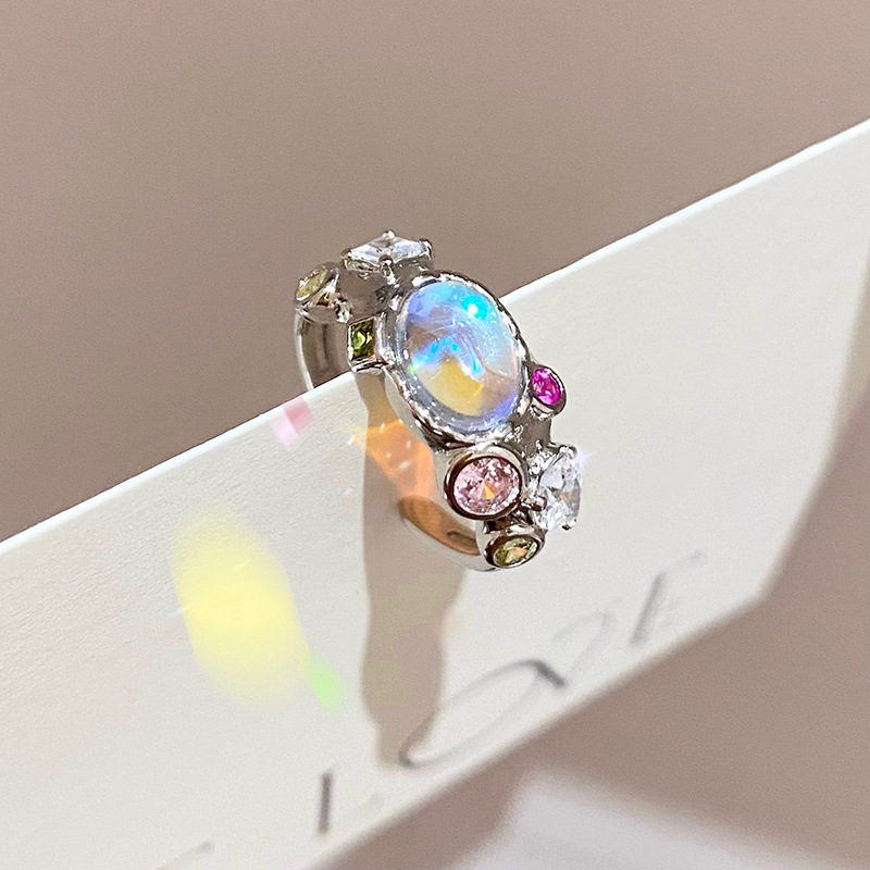 2023 new Hyuna the same Opal moonstone color zircon powder diamond ring lava texture niche design