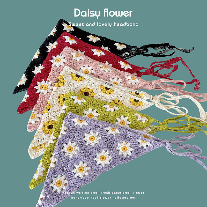 Korean-style triangular scarf hand-stitched knitted hair band, a retro female Internet celebrity, cute and sweet little Daisy tie headband Specification image