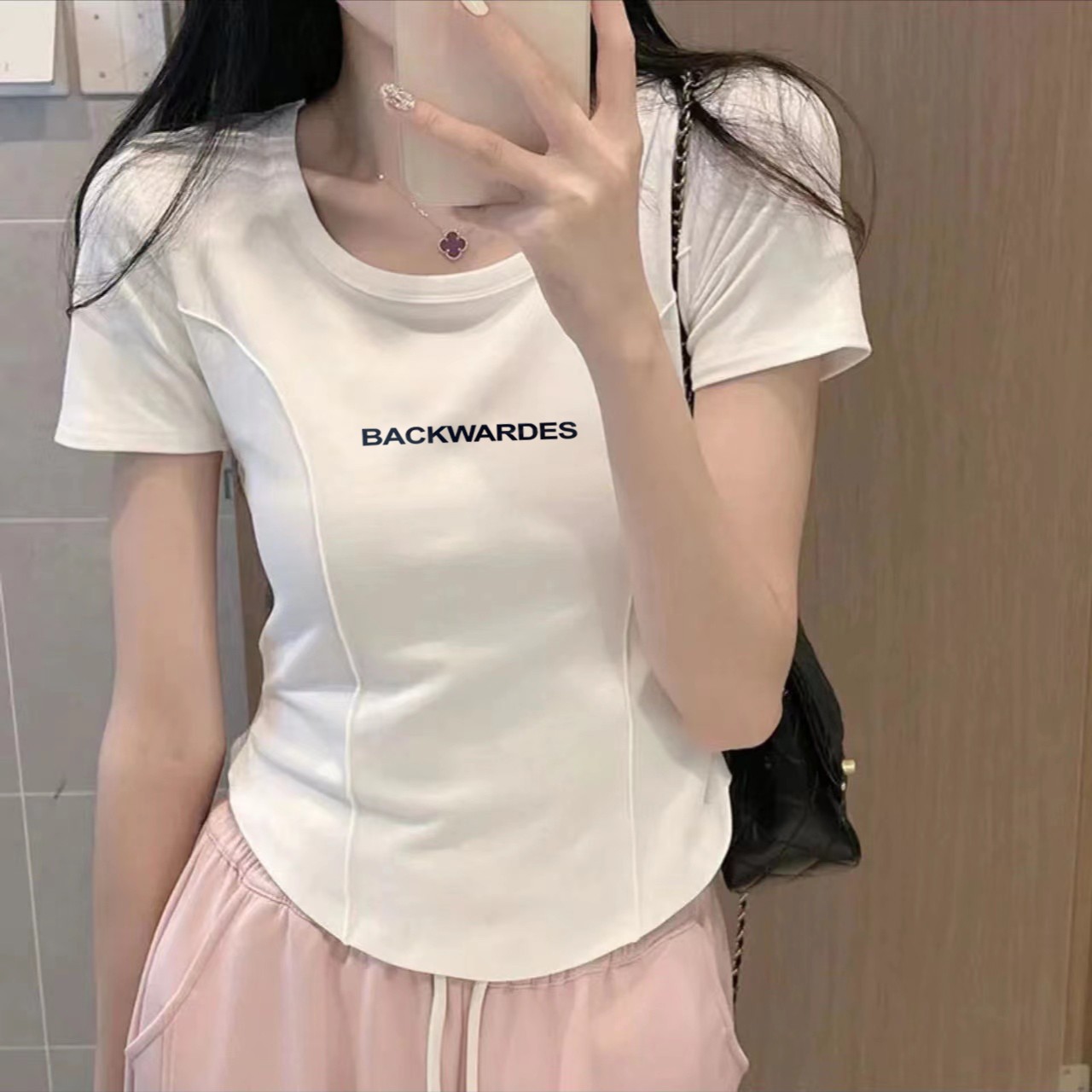 短袖t恤女夏季鱼骨线圆领印花设计感小众正肩短款上衣