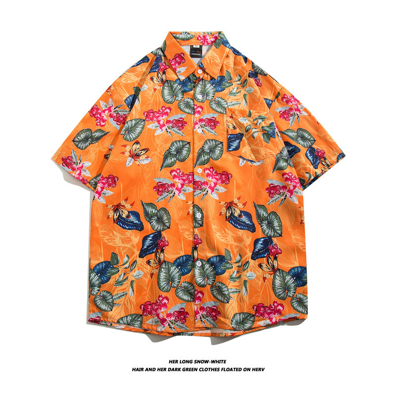 Summer Instagram retro floral full-print short-sleeved shirt for men, streetwear brand, laid-back style couple floral shirt coat